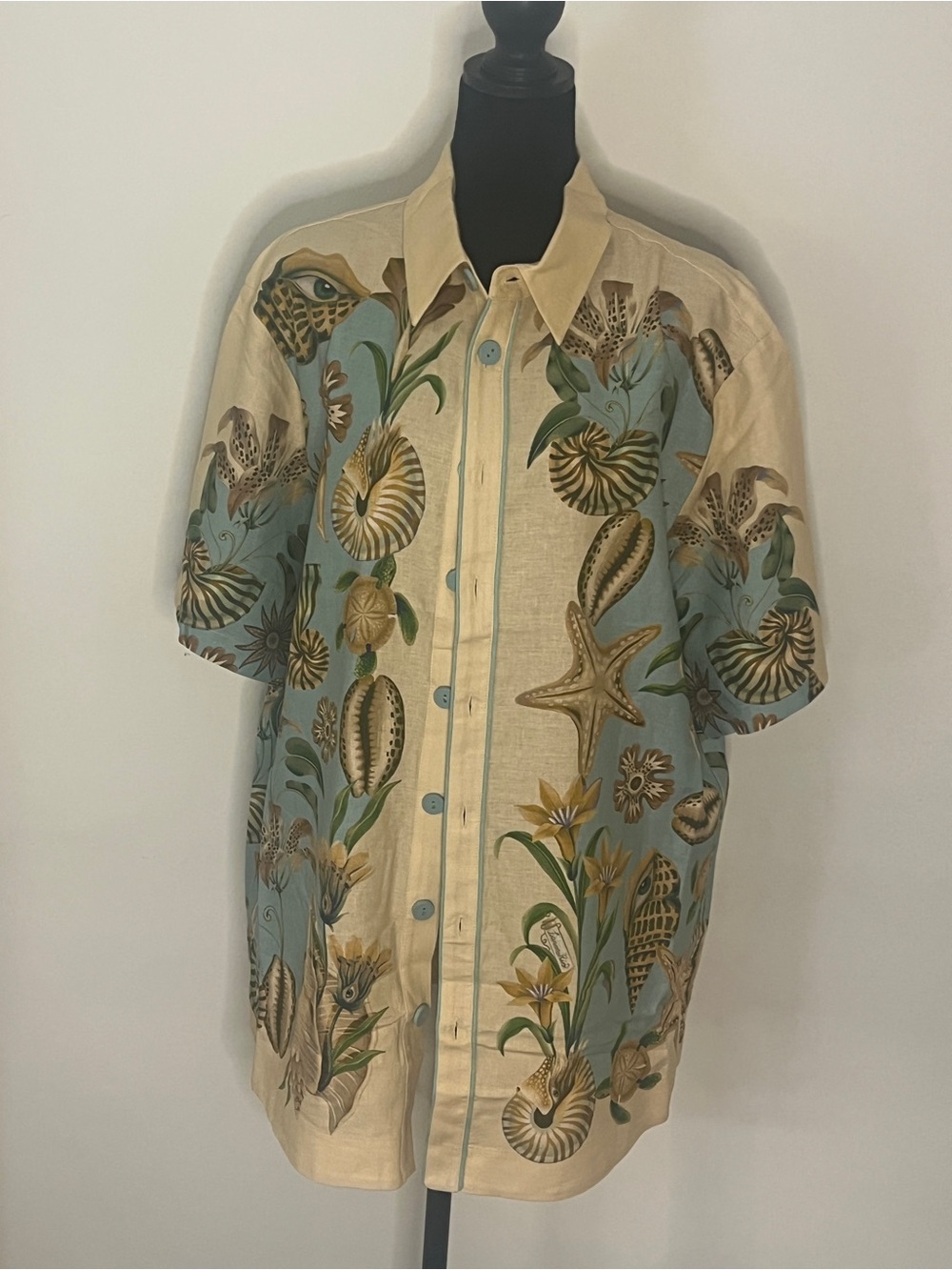 FARM Rio Marine Garden Soft Blue Short Sleeve Button-Down Shirt Sz L